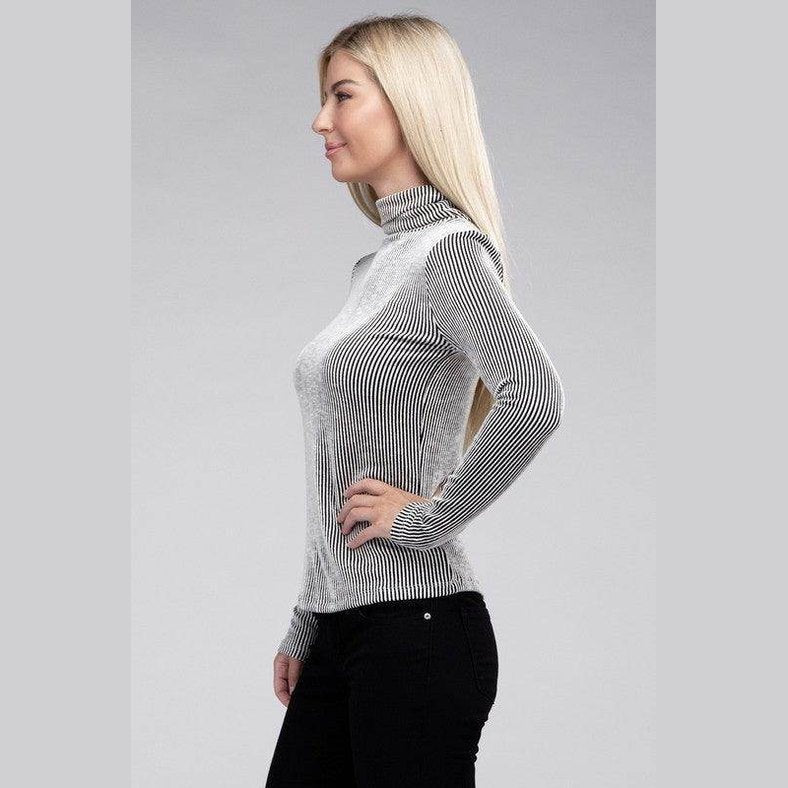 Ribbed Turtle Neck Long Sleeve Top - VacationGrabs