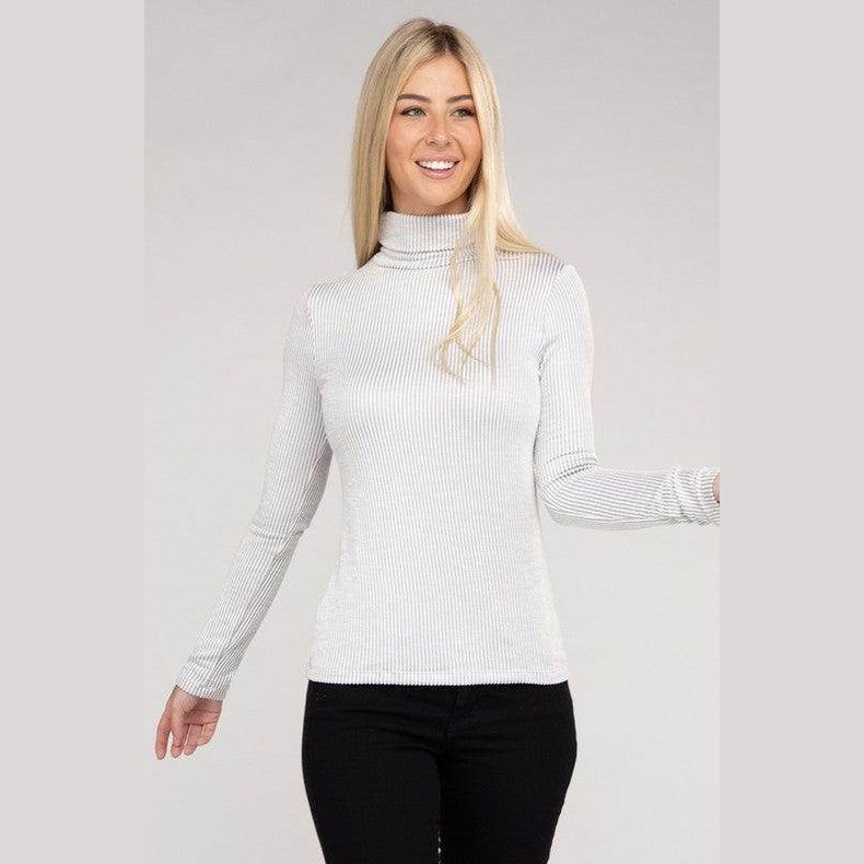 Ribbed Turtle Neck Long Sleeve Top - VacationGrabs
