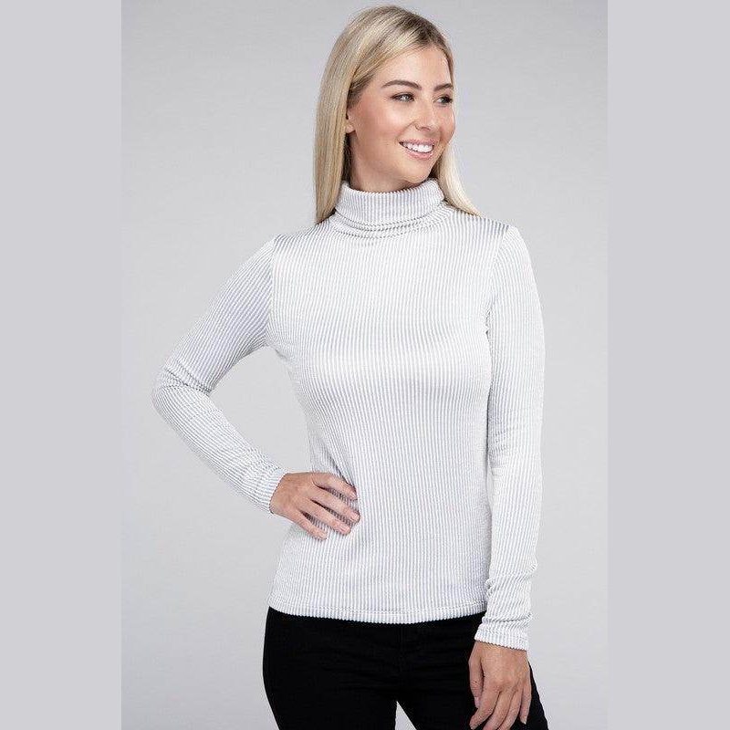 Ribbed Turtle Neck Long Sleeve Top - VacationGrabs