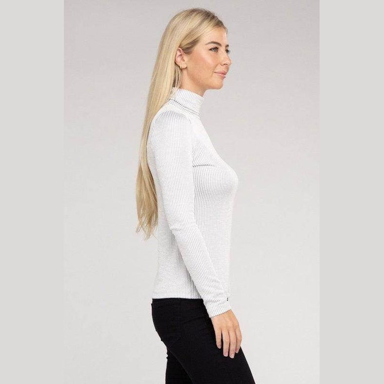 Ribbed Turtle Neck Long Sleeve Top - VacationGrabs