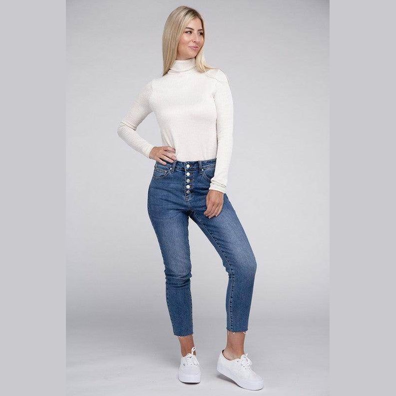Ribbed Turtle Neck Long Sleeve Top - VacationGrabs