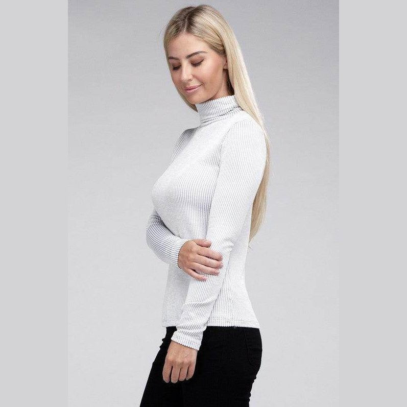 Ribbed Turtle Neck Long Sleeve Top - VacationGrabs