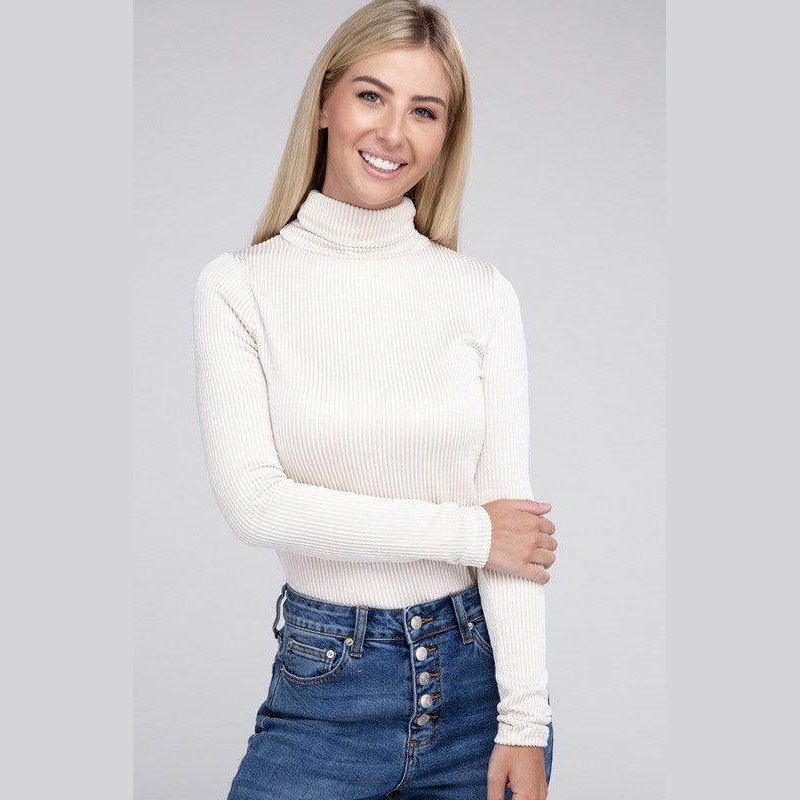 Ribbed Turtle Neck Long Sleeve Top - VacationGrabs