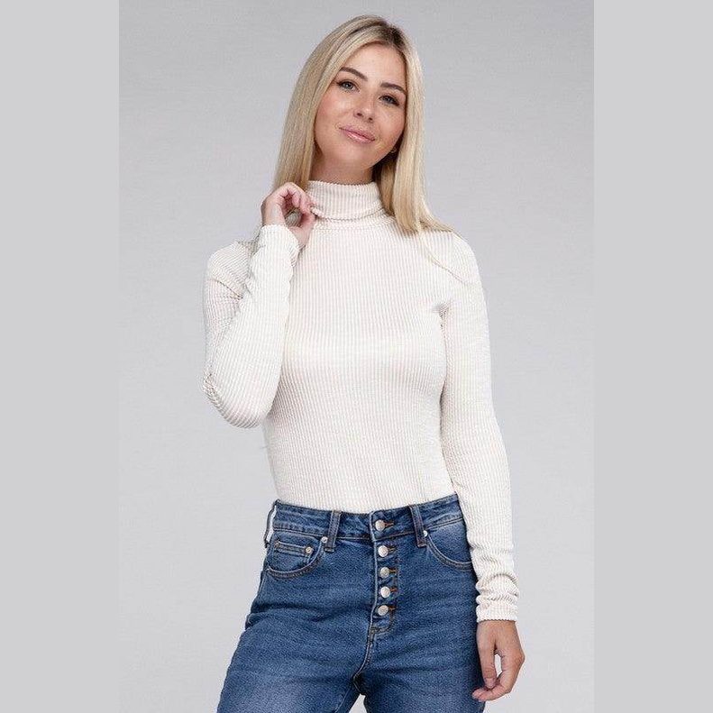 Ribbed Turtle Neck Long Sleeve Top - VacationGrabs