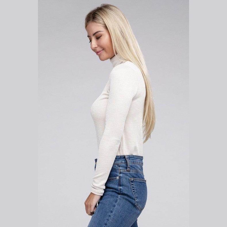 Ribbed Turtle Neck Long Sleeve Top - VacationGrabs