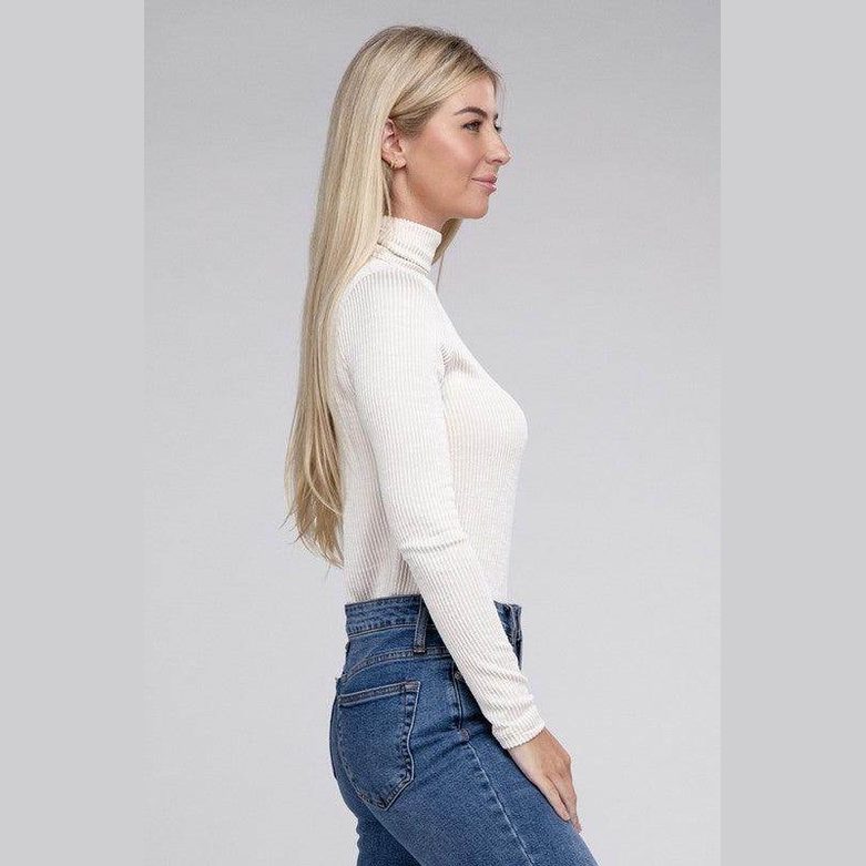 Ribbed Turtle Neck Long Sleeve Top - VacationGrabs
