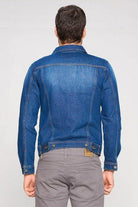 Back view of a rich blue jean jacket for men by Blue Age, perfect for casual wear.