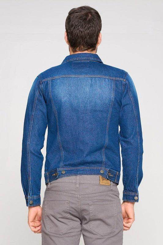Back view of a rich blue jean jacket for men by Blue Age, perfect for casual wear.