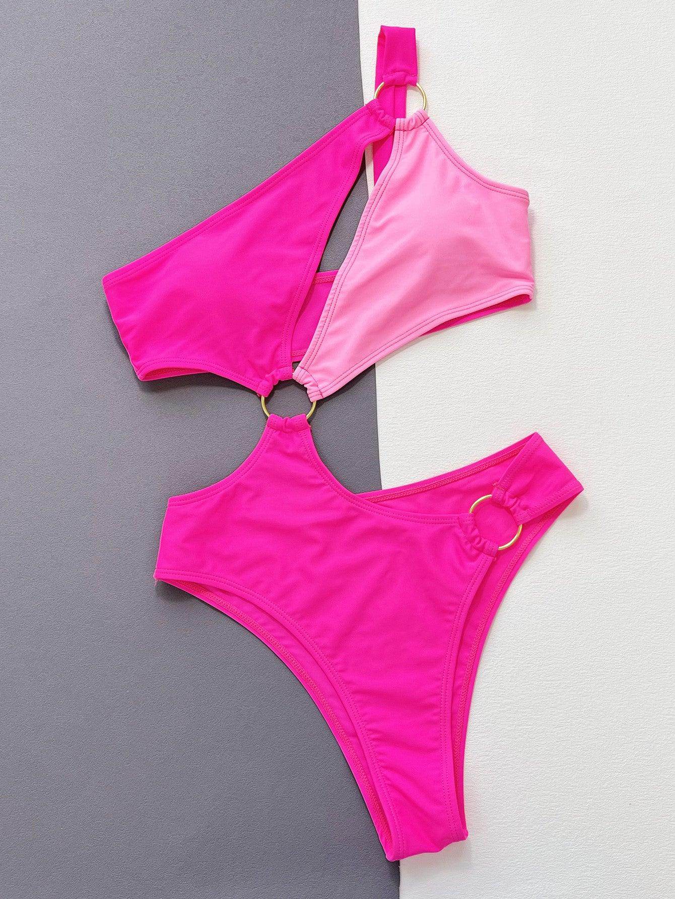 Trendsi Women's 1PC ring detail swimwear in pink with stylish cutouts and gold ring accents