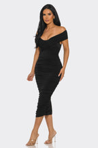 Black ruched off-shoulder midi dress, perfect for evening events