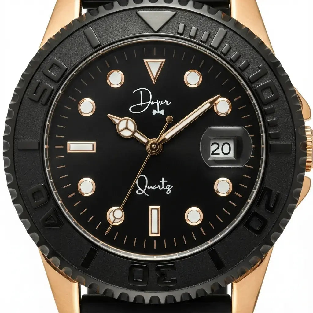 Men's Dapper rose gold quartz watch with black dial and rubber strap
