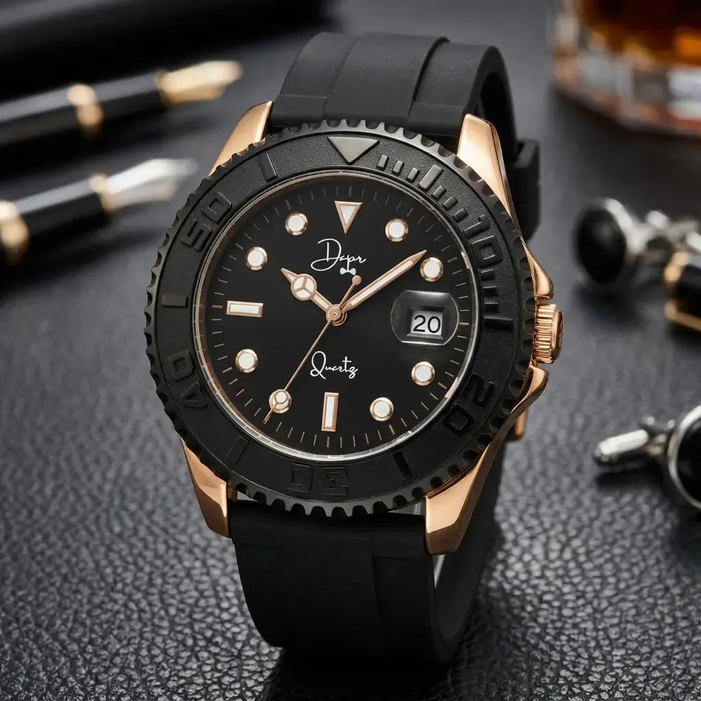 Dapper Watches men's black rubber watch with rose gold accents