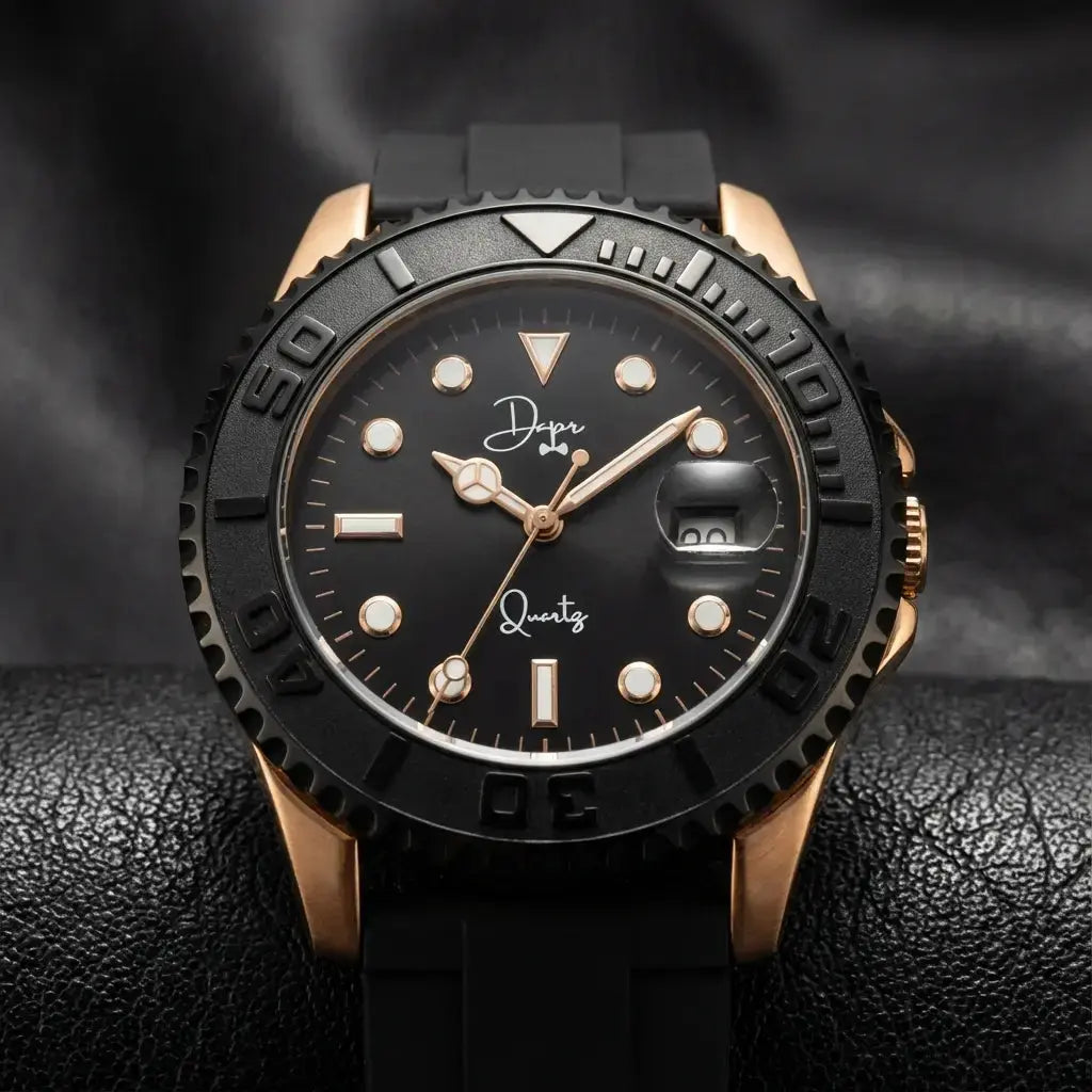 Men's Dapper black rubber strap watch with rose gold accents