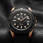 Men's Dapper black rubber strap watch with rose gold accents
