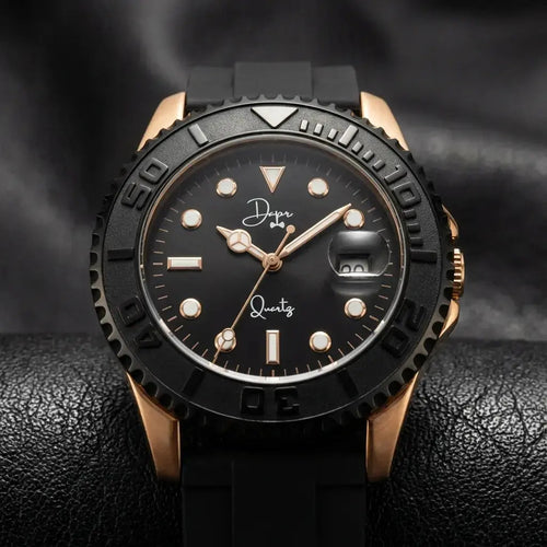 Men's Dapper black rubber strap watch with rose gold accents