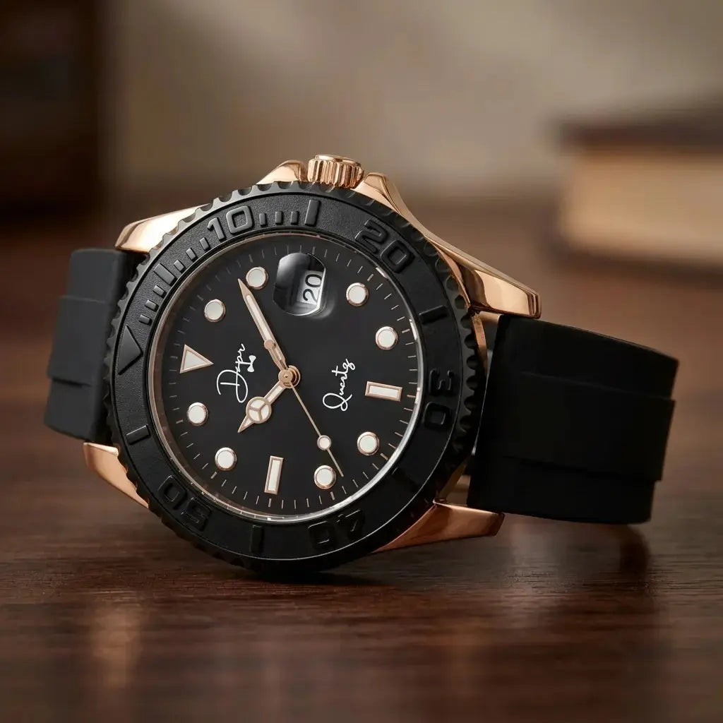 Dapper black men's watch with rose gold accents and rubber strap