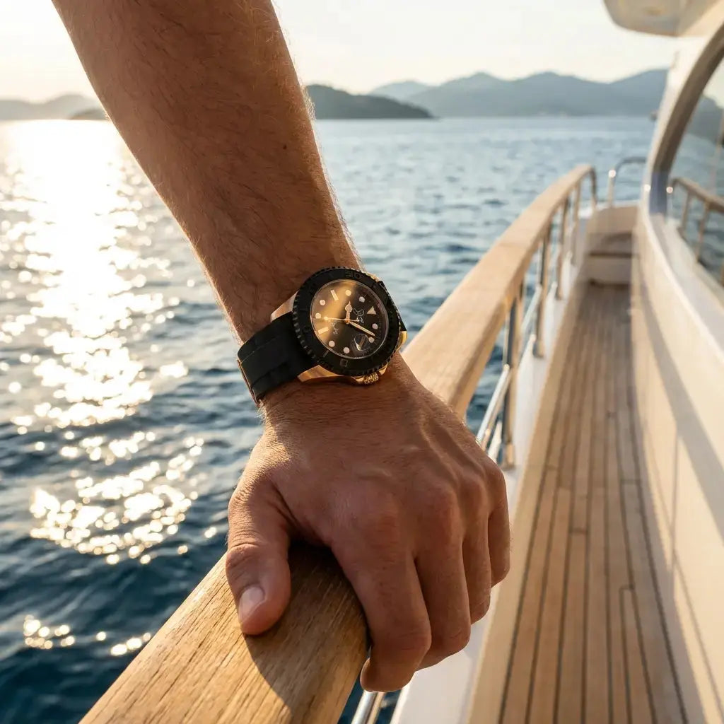 Men's Rolex watch rose gold on wrist, perfect for nautical adventures