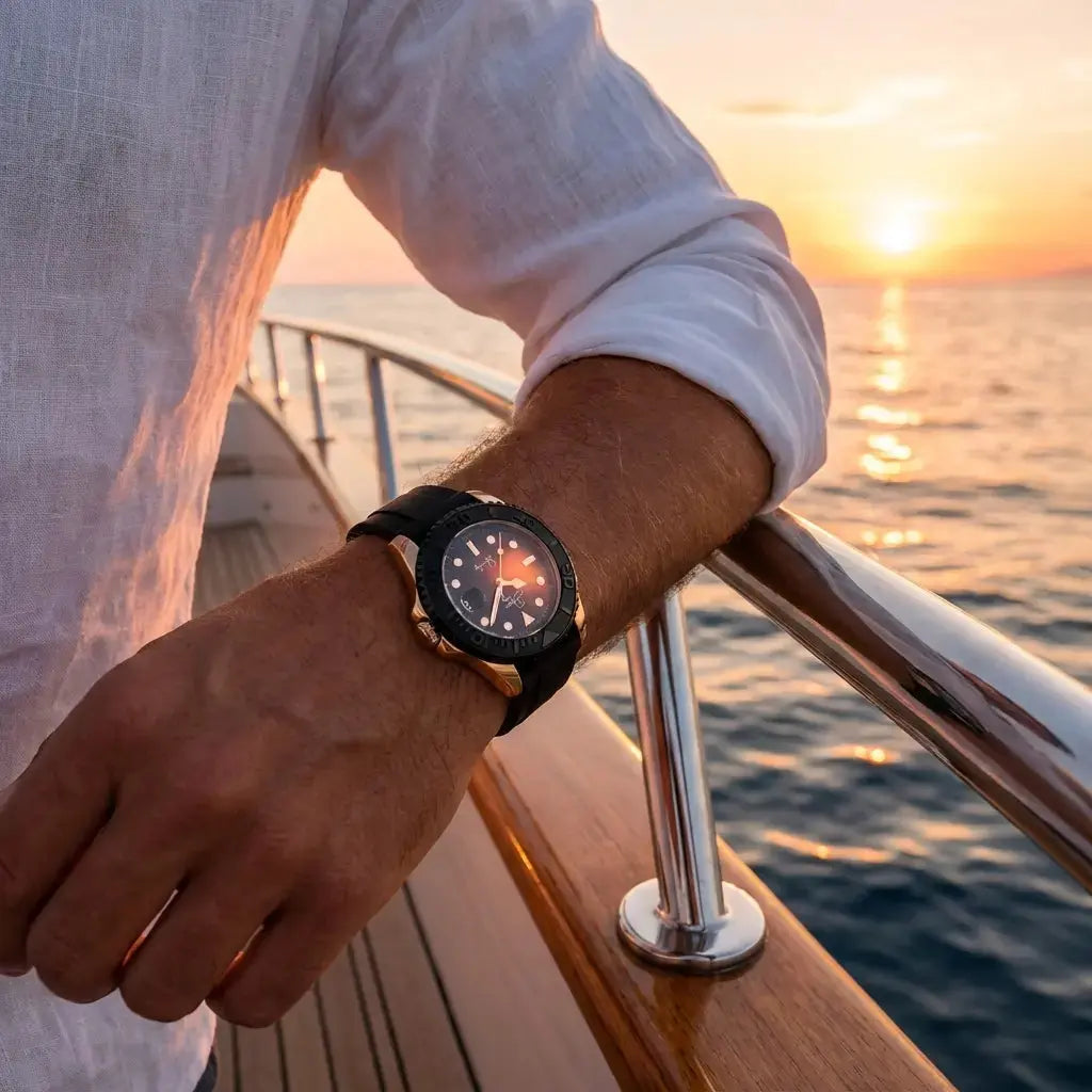 Men's Rolex watch rose gold with black strap for elegant occasions