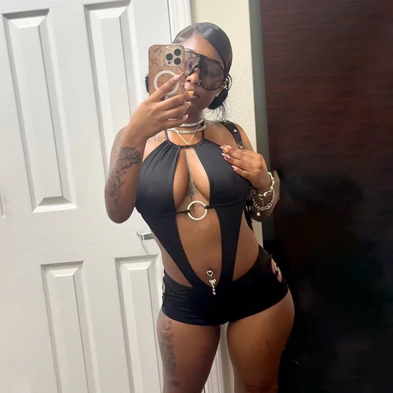 Black romper halter for stylish summer outings, made of soft fabric