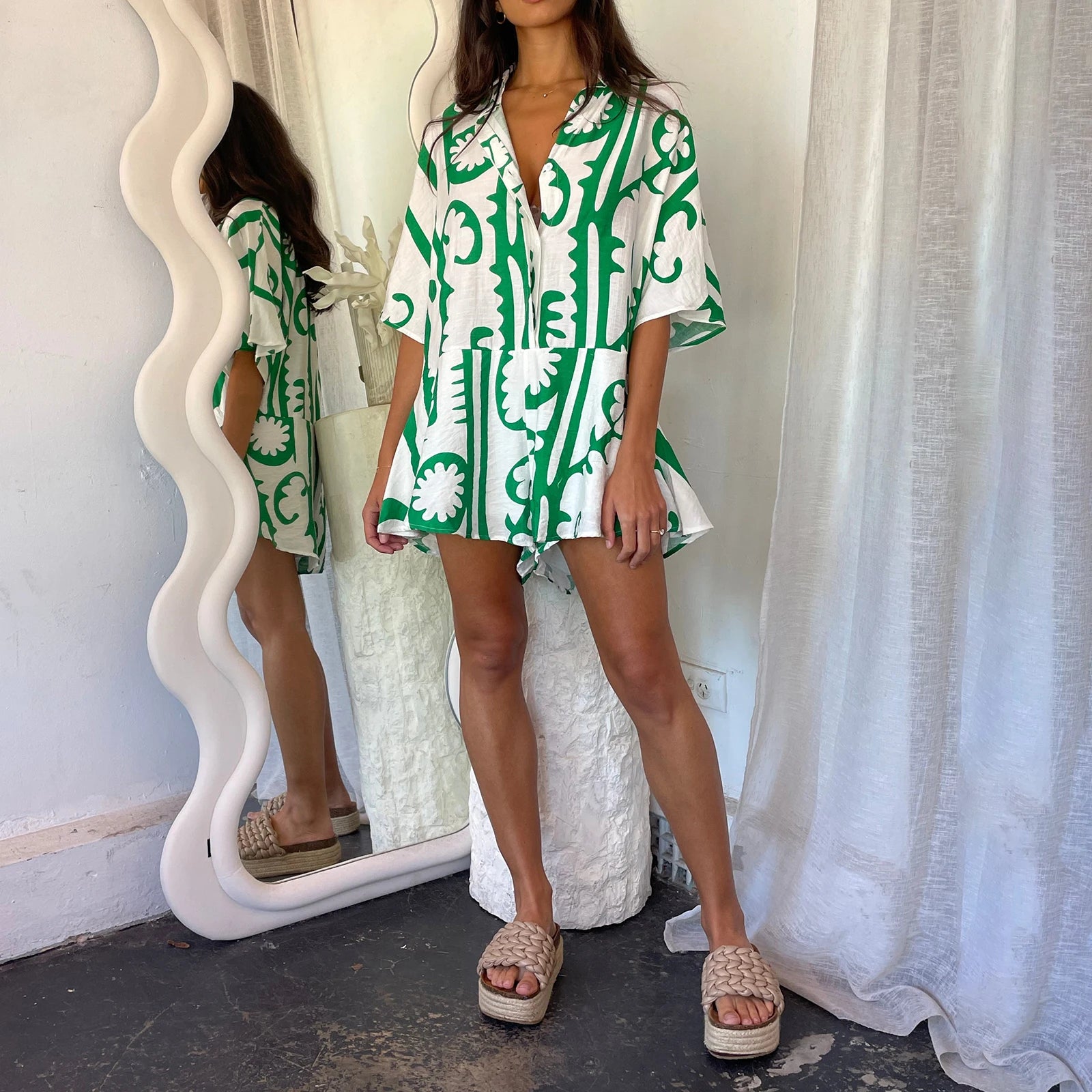 Green floral romper women's, lightweight cotton, perfect for summer outings