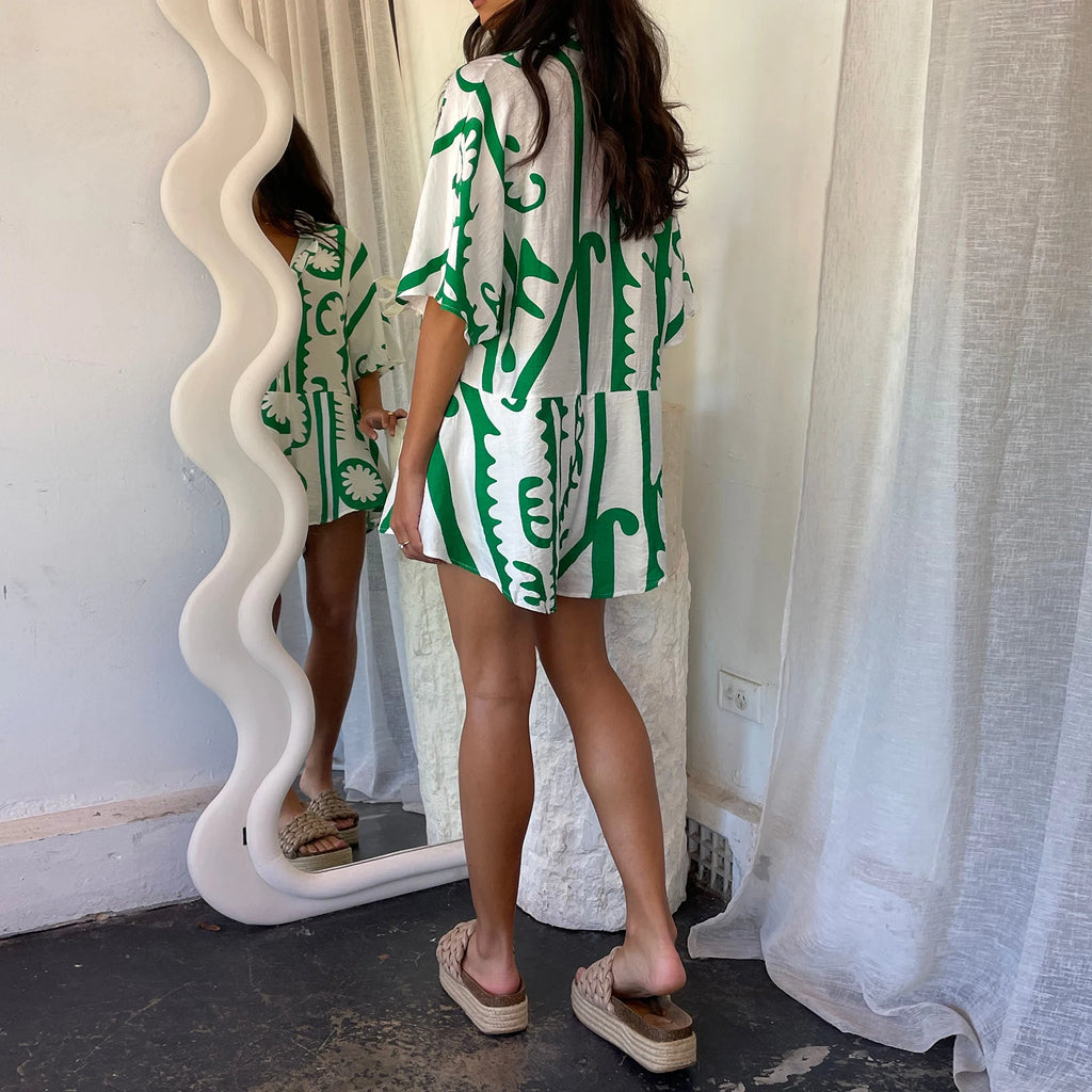 Green patterned romper women's, lightweight fabric, perfect for summer outings