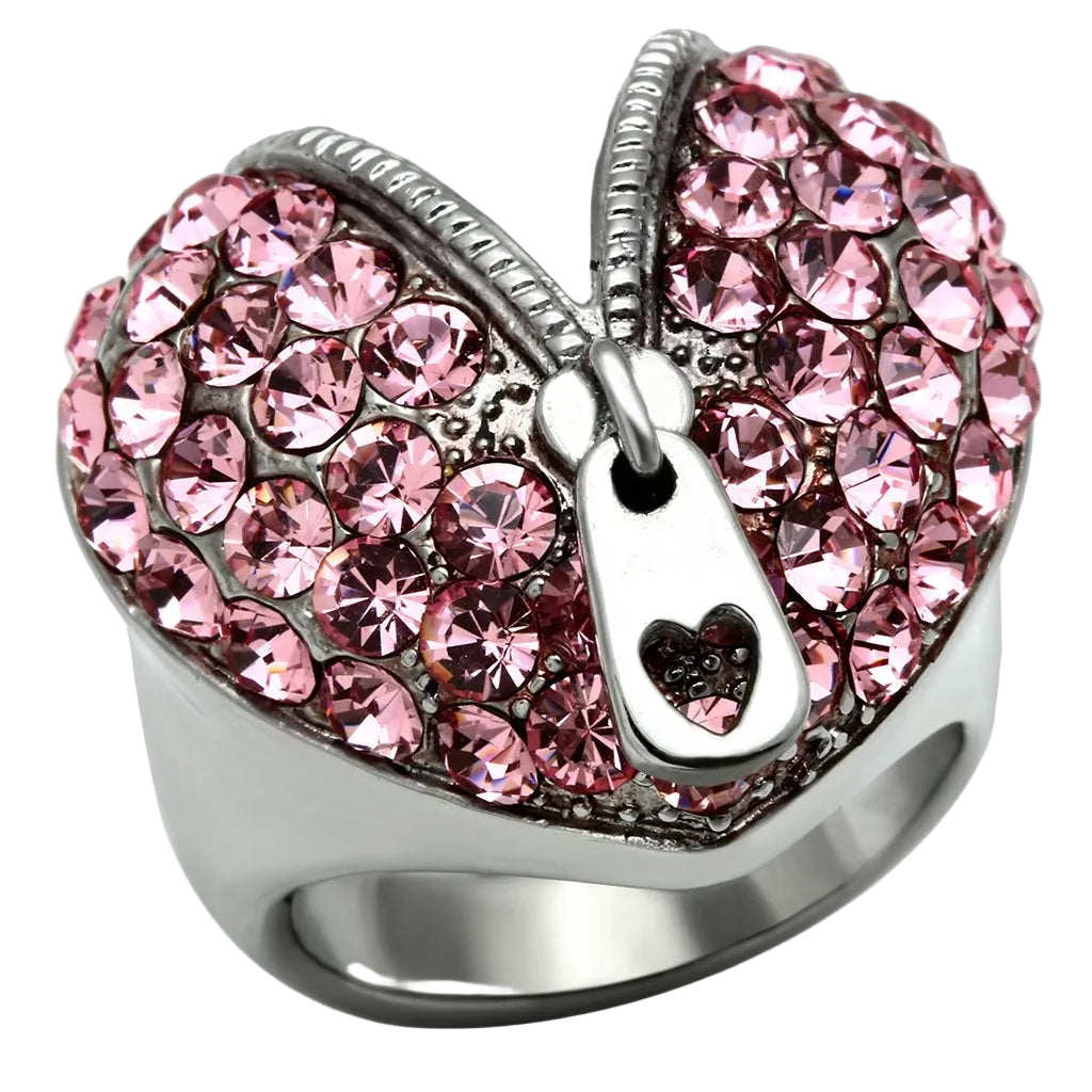 VacationGrabs rose crystal stainless steel ring with a heart design and pink crystals