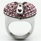 Stunning rose crystal stainless steel ring featuring a heart design with sparkling pink stones