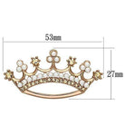 Rose gold crown brooch for women adorned with pearls and sparkling stones, measuring 53mm by 27mm
