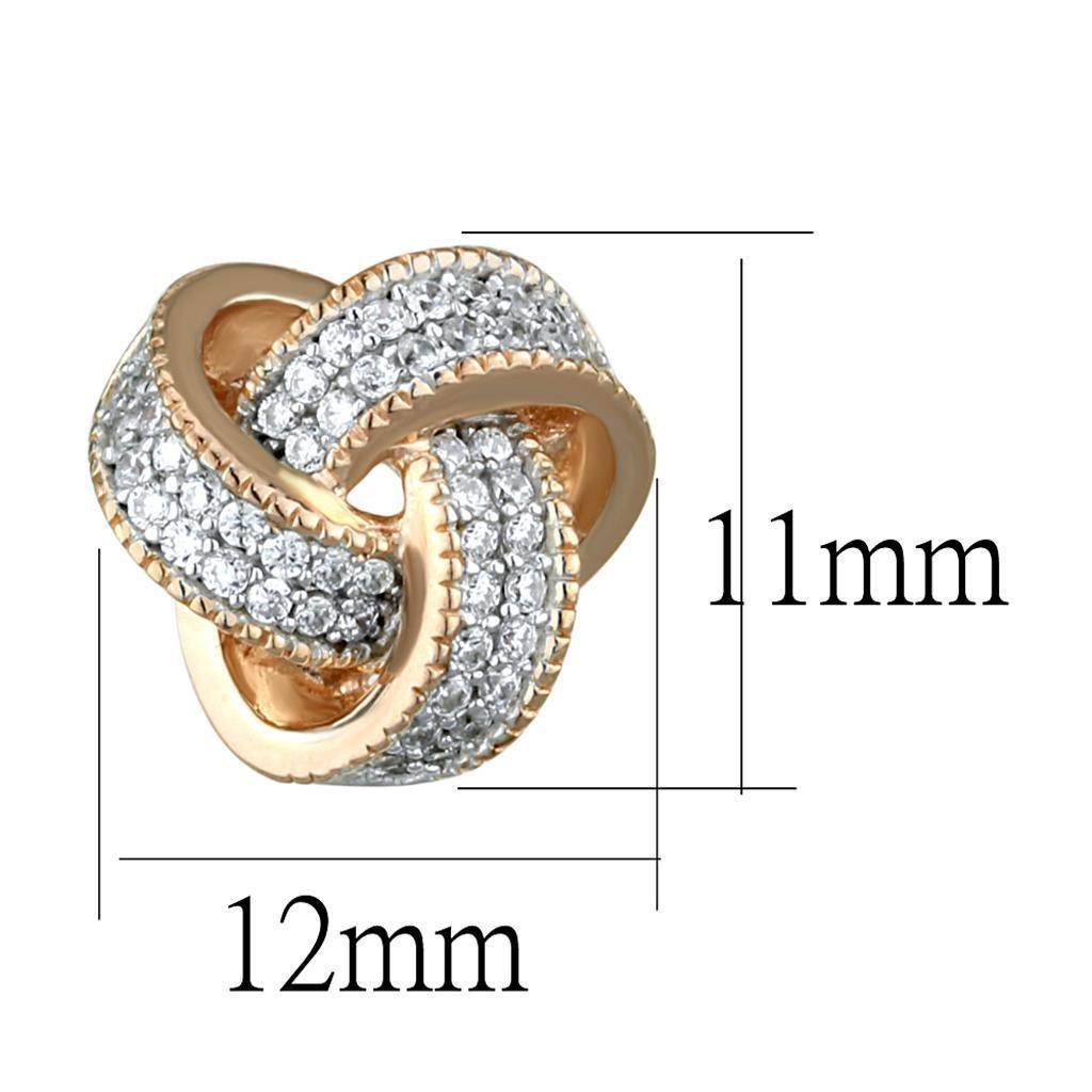 Delicate rose gold sterling silver earrings featuring a shimmering knot design with clear stones