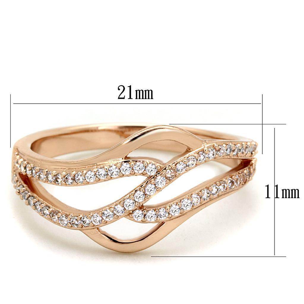 Elegant rose gold sterling silver ring with sparkling crystals and a unique wave design