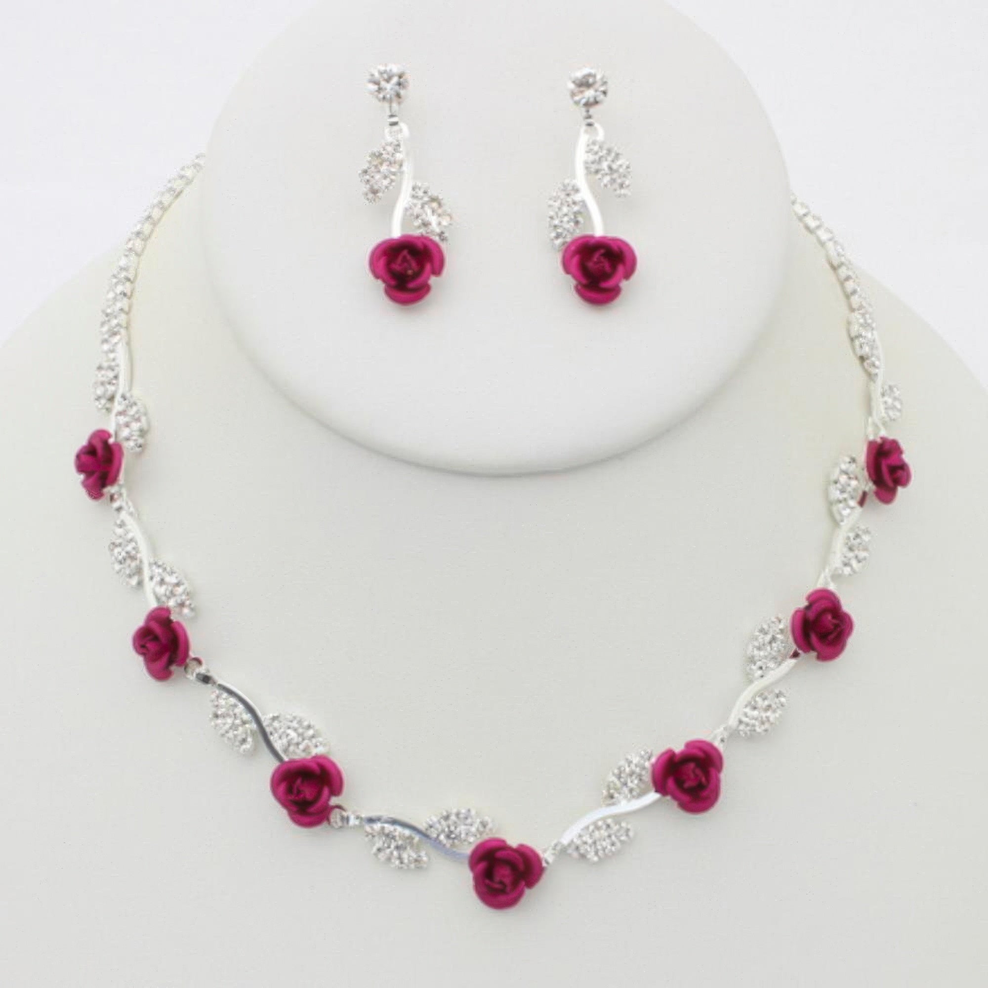 VacationGrabs rhinestone rose necklace earring set with silver rhinestone leaves and fuchsia rose accents for weddings