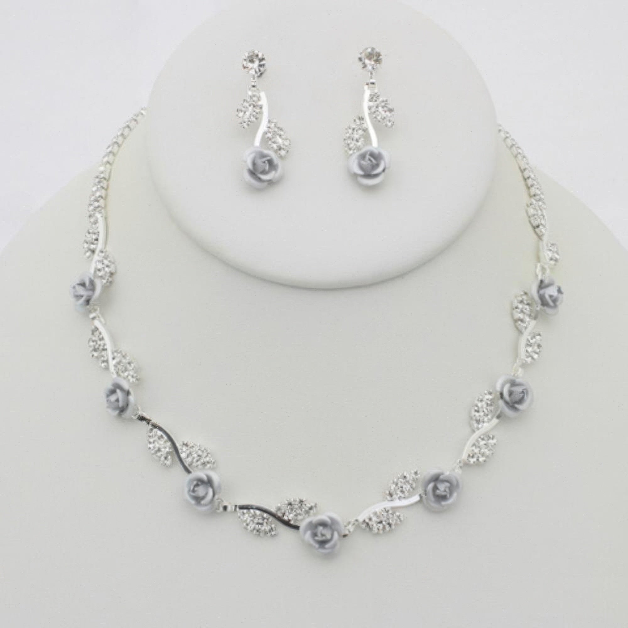 VacationGrabs rhinestone rose necklace earring set silver floral necklace with grey rose accents and matching earrings