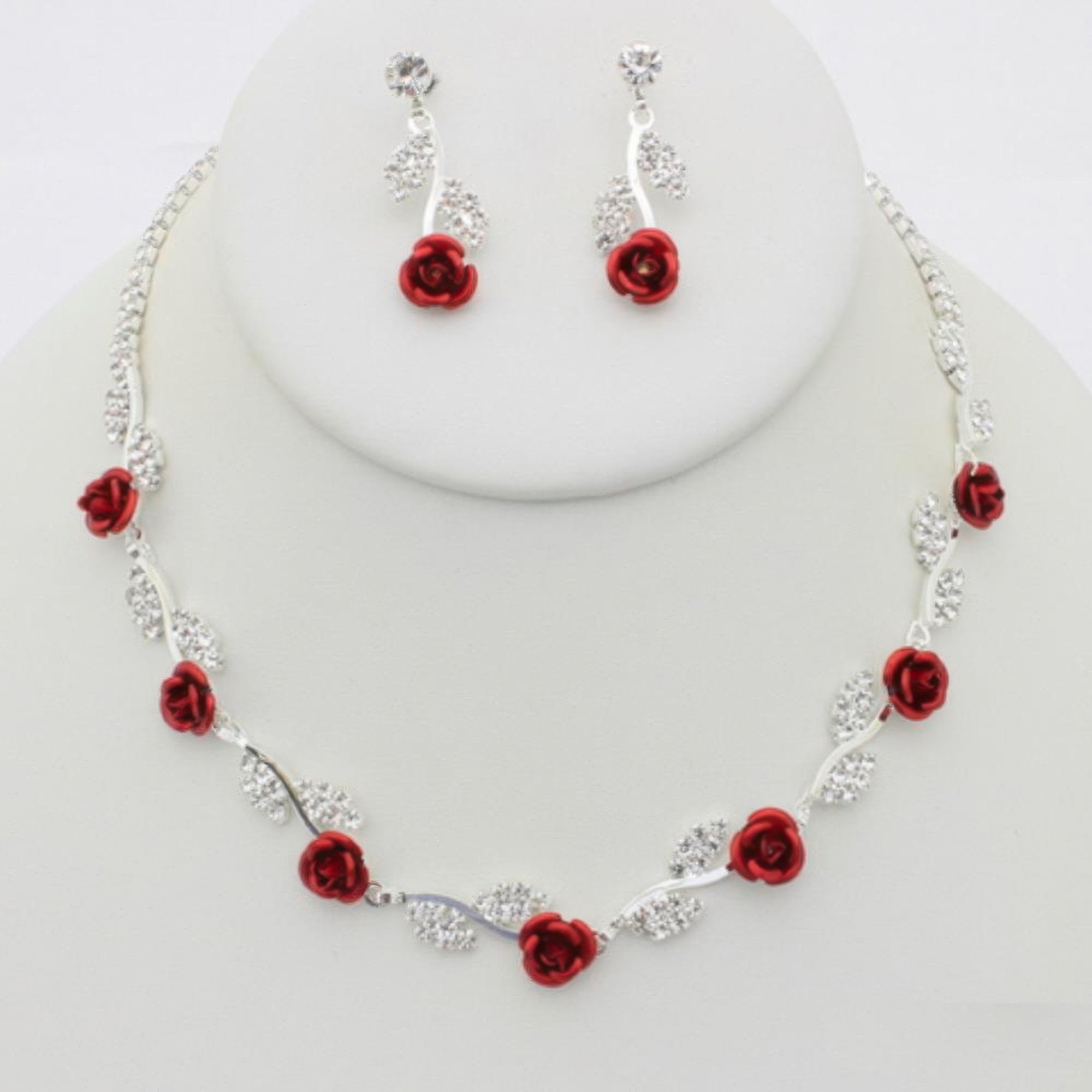 VacationGrabs rhinestone rose necklace earring set silver tone with red enamel roses and rhinestone leaf accents