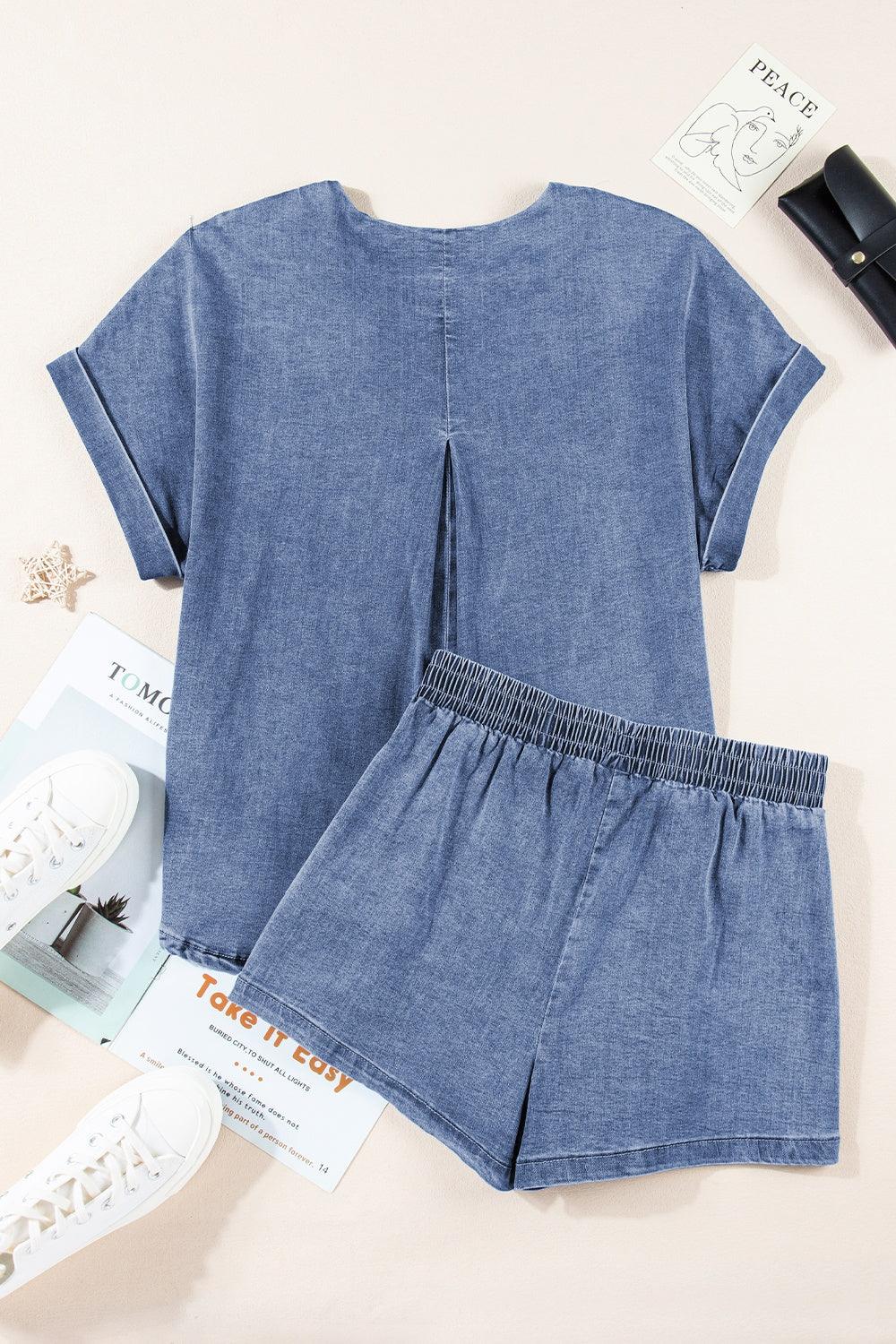 Women's Outfits & Sets Round Neck Short Sleeve Top and Shorts Denim Set