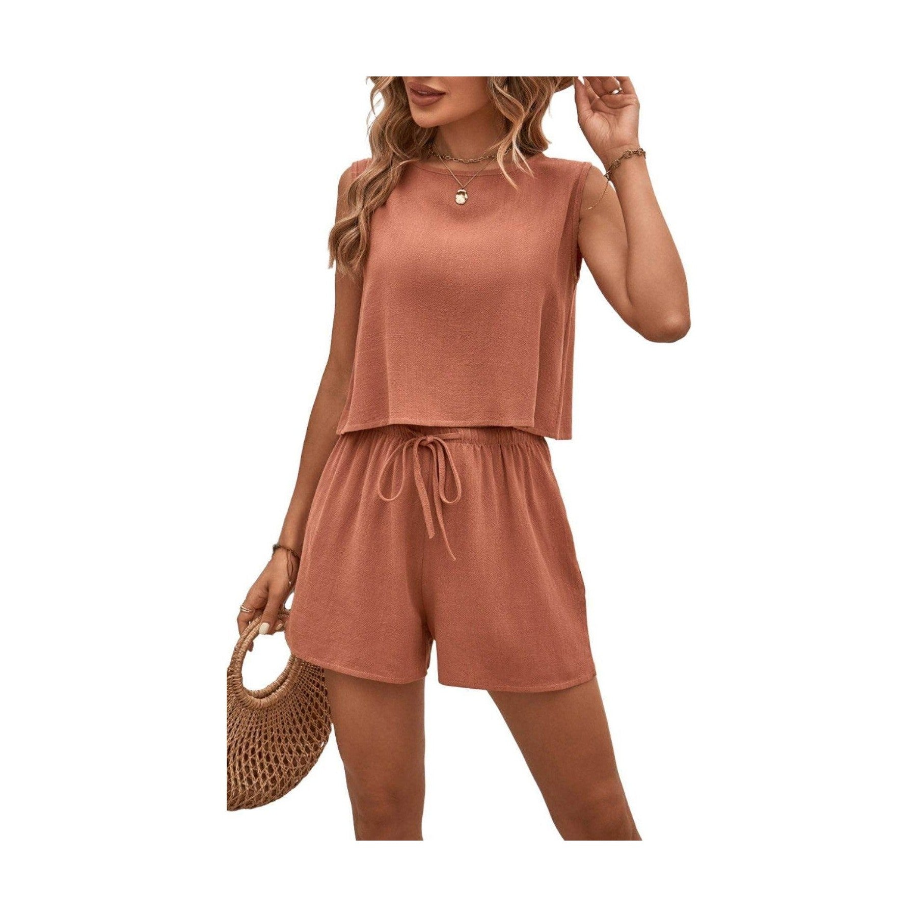 Round Neck Top and Drawstring Shorts Set - VacationGrabs