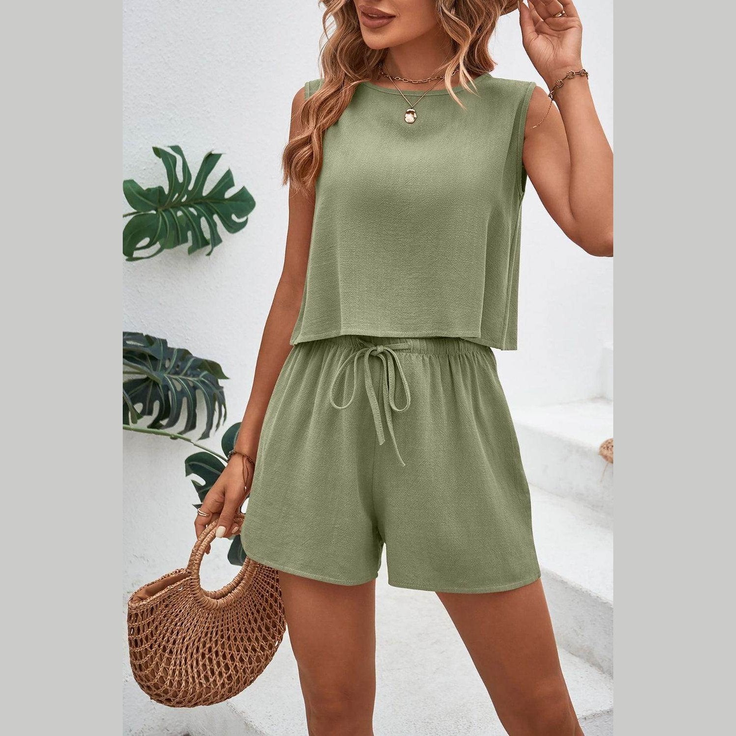 Round Neck Top and Drawstring Shorts Set - VacationGrabs