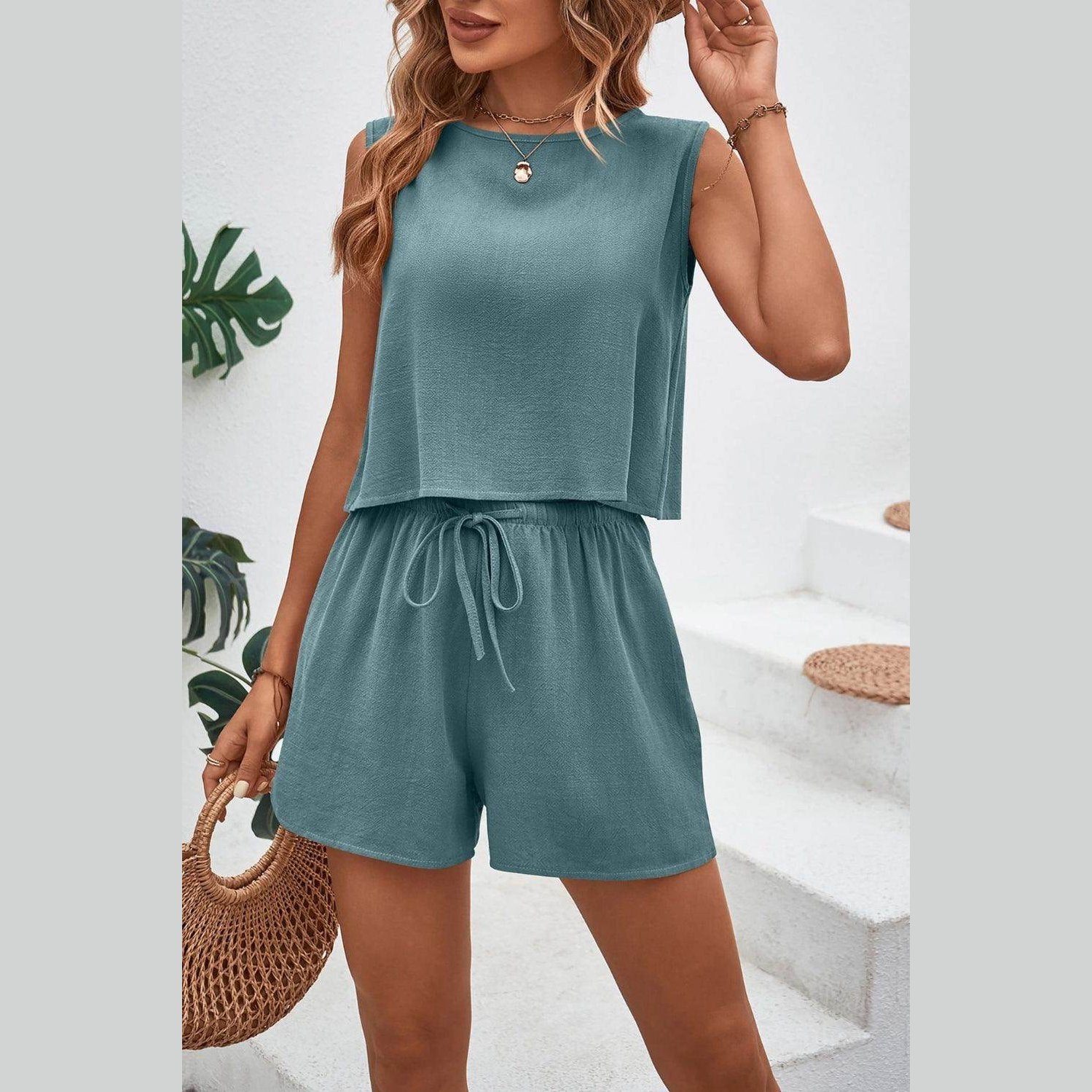 Round Neck Top and Drawstring Shorts Set - VacationGrabs