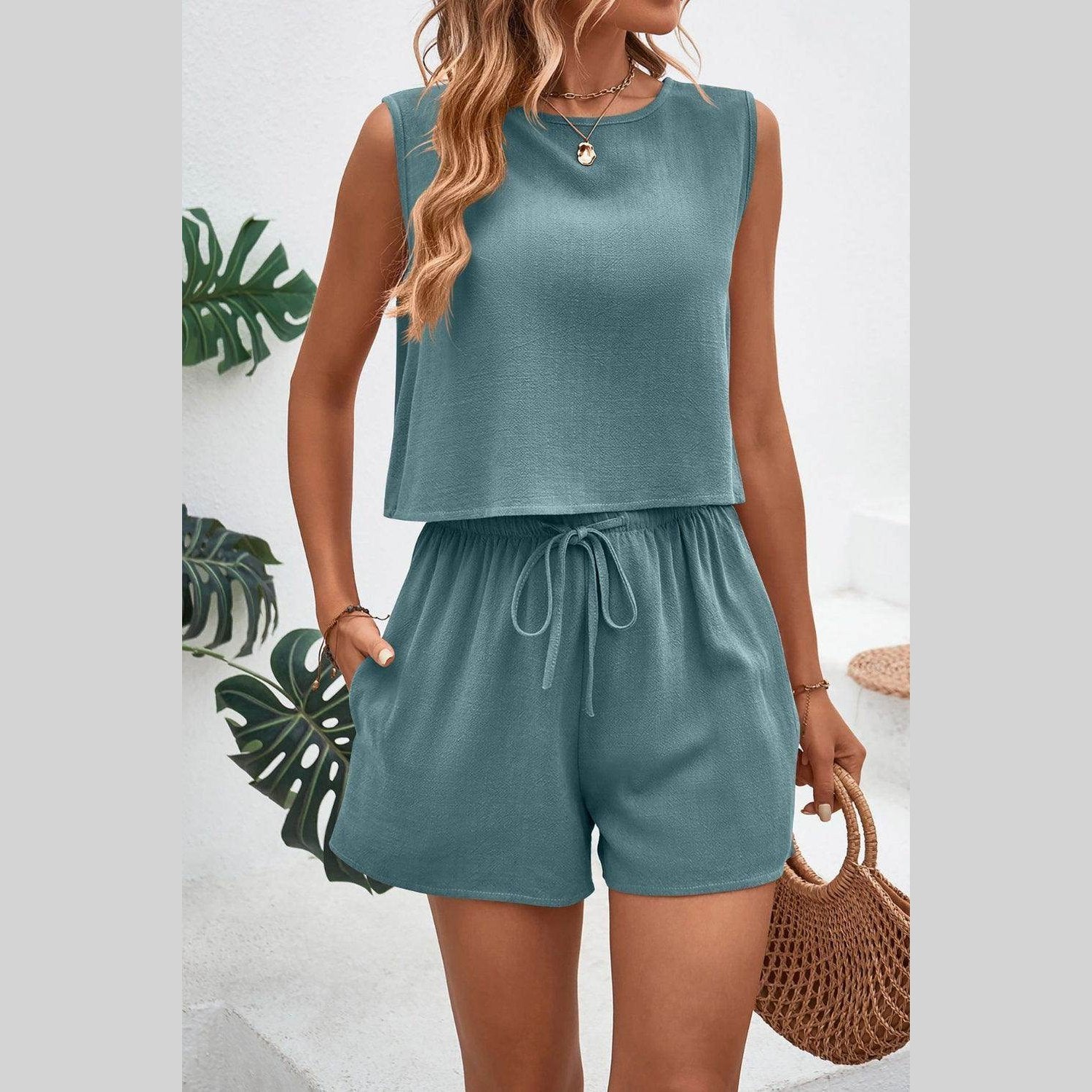 Round Neck Top and Drawstring Shorts Set - VacationGrabs