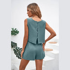 Round Neck Top and Drawstring Shorts Set - VacationGrabs