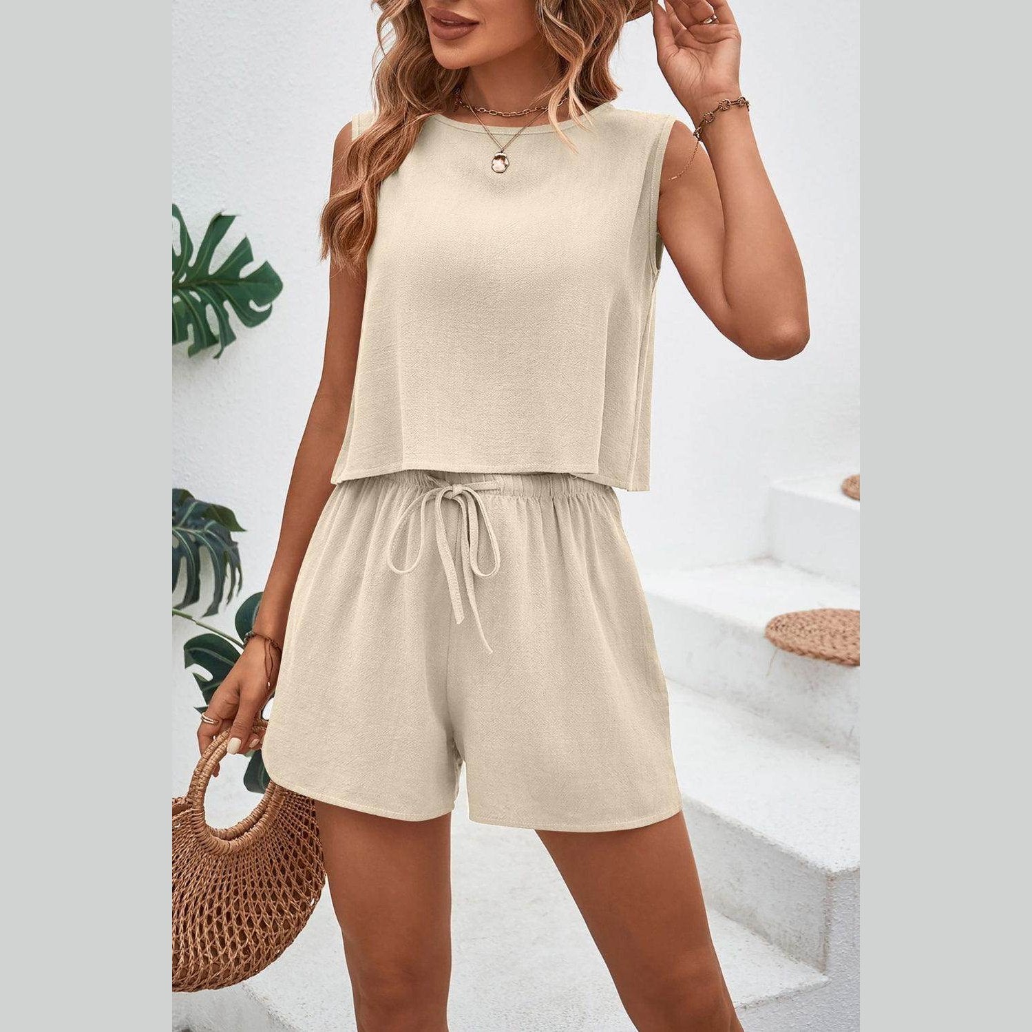 Round Neck Top and Drawstring Shorts Set - VacationGrabs