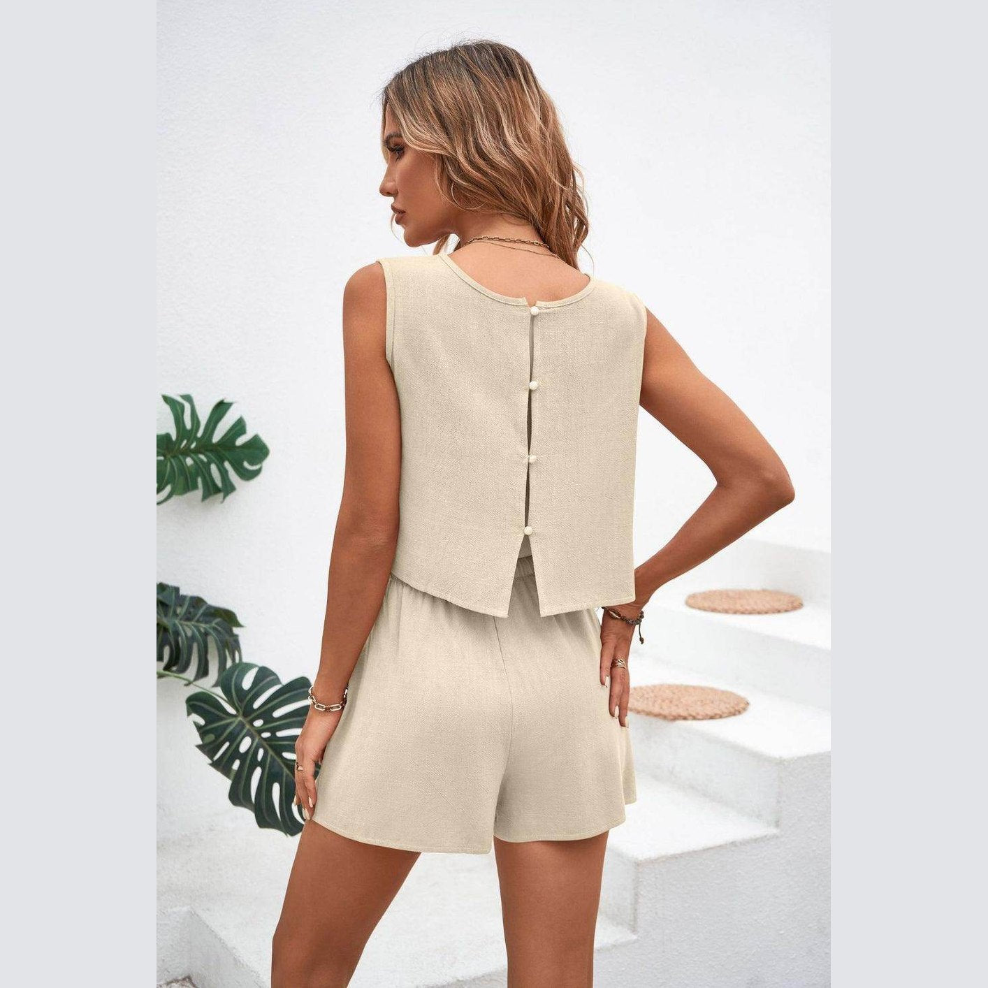 Round Neck Top and Drawstring Shorts Set - VacationGrabs