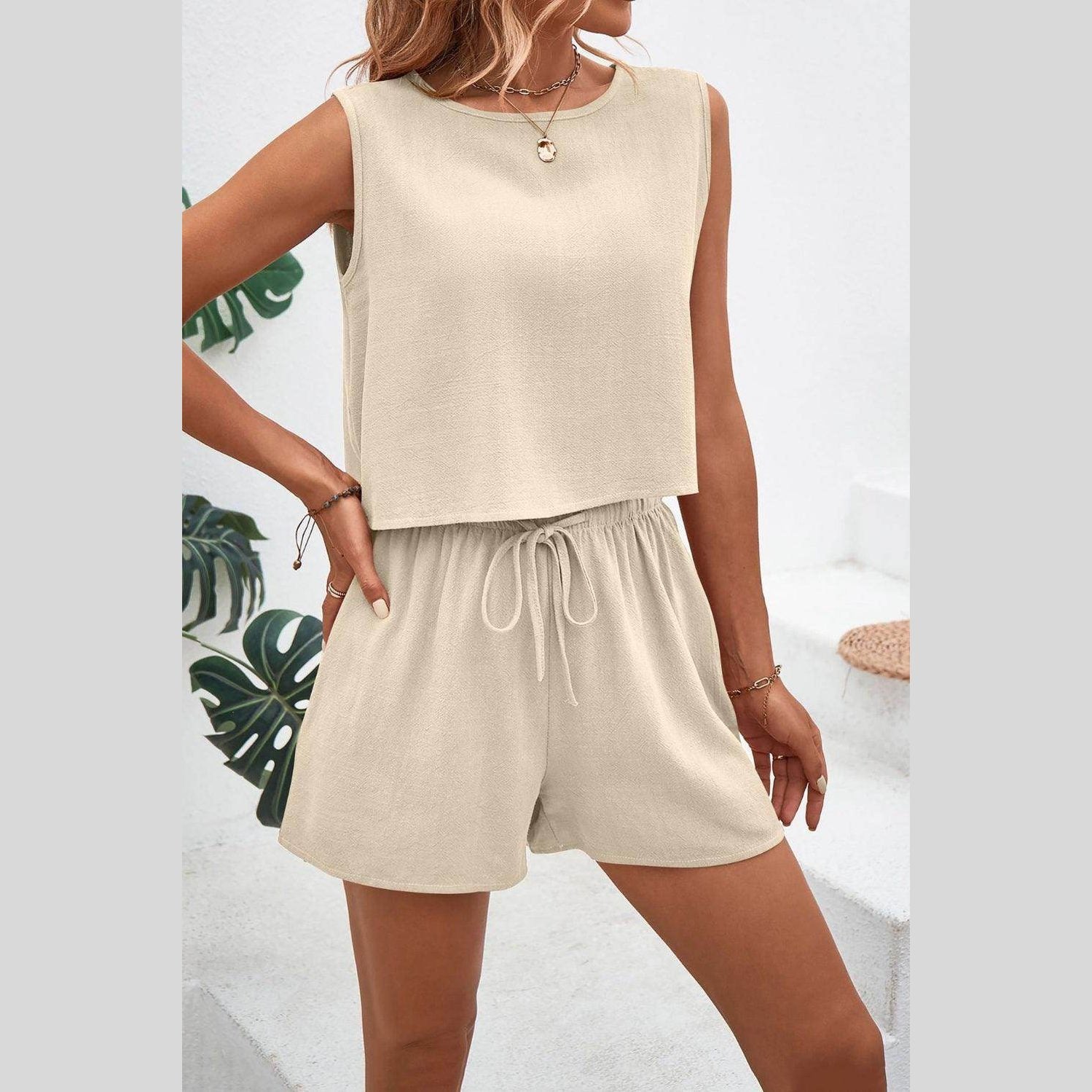 Round Neck Top and Drawstring Shorts Set - VacationGrabs