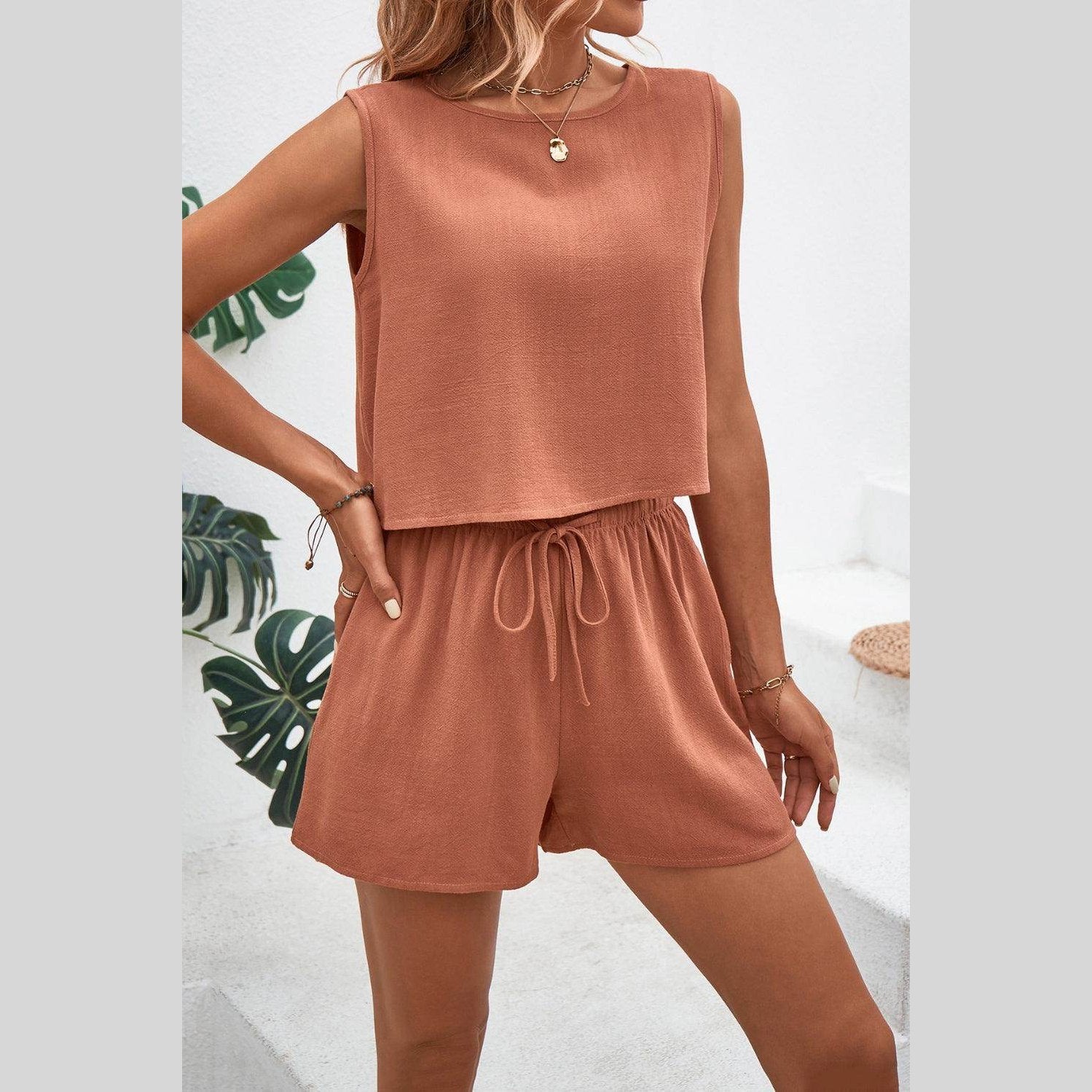 Round Neck Top and Drawstring Shorts Set - VacationGrabs