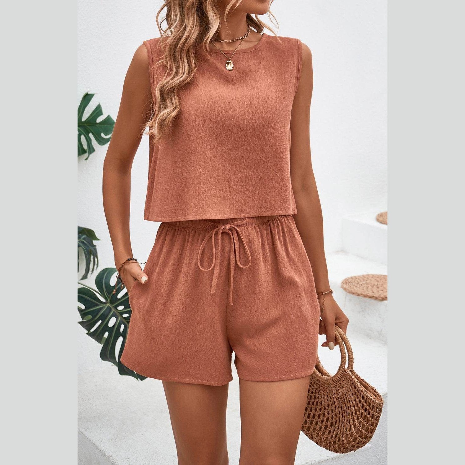 Round Neck Top and Drawstring Shorts Set - VacationGrabs