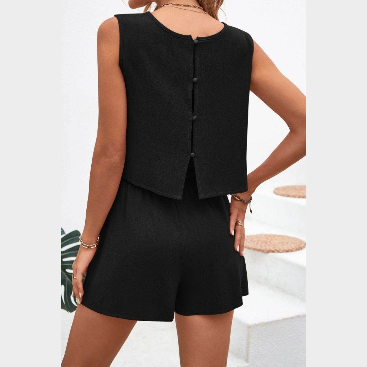 Round Neck Top and Drawstring Shorts Set - VacationGrabs