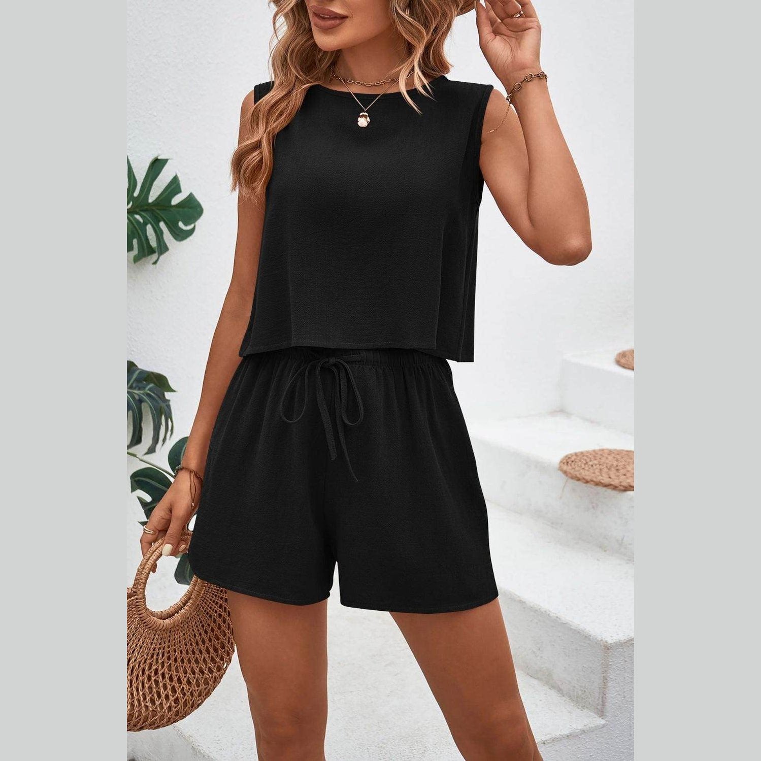 Round Neck Top and Drawstring Shorts Set - VacationGrabs