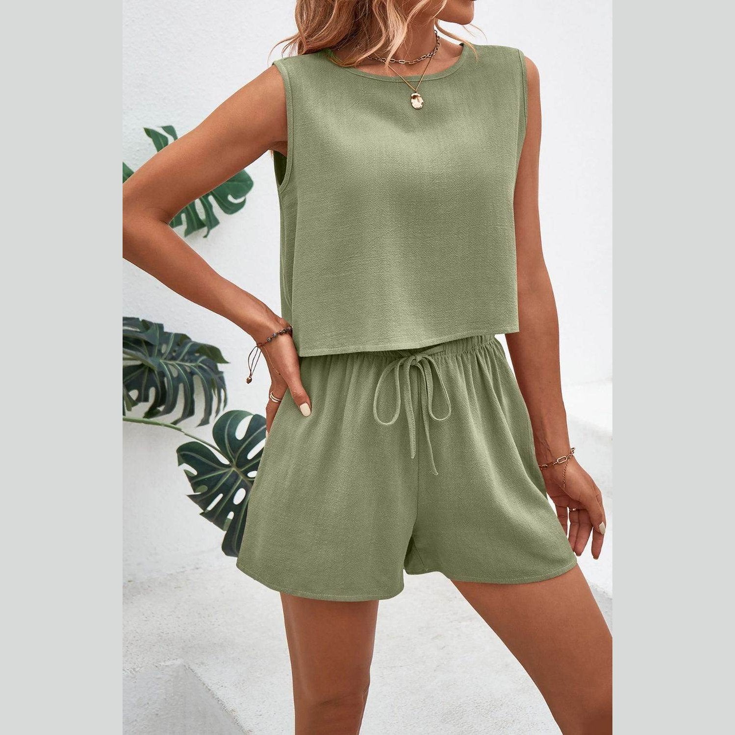 Round Neck Top and Drawstring Shorts Set - VacationGrabs