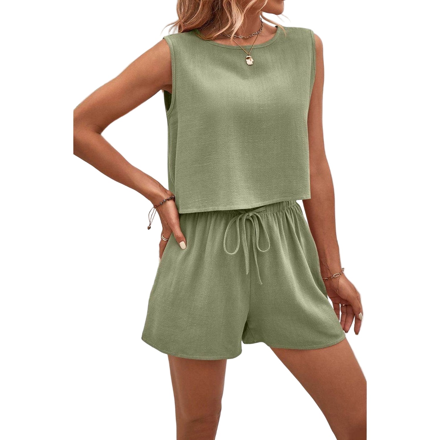 Round Neck Top and Drawstring Shorts Set - VacationGrabs