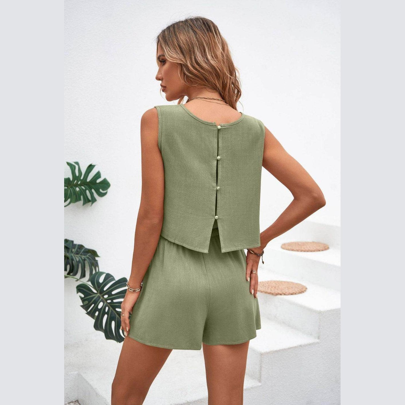 Round Neck Top and Drawstring Shorts Set - VacationGrabs