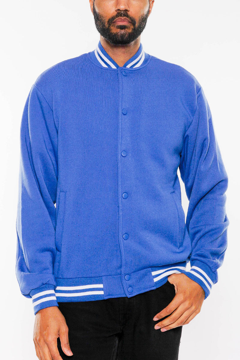 Fleece Varsity Jacket – Snap Button, Ribbed Trim